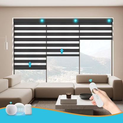 Motorized Zebra Blinds with Remote Smart Blind Work with Homekit Alexa SmartThings Electric Day and Night Shade Cordless Automatic Solar Powered Window Shade Customize(Starry Black)