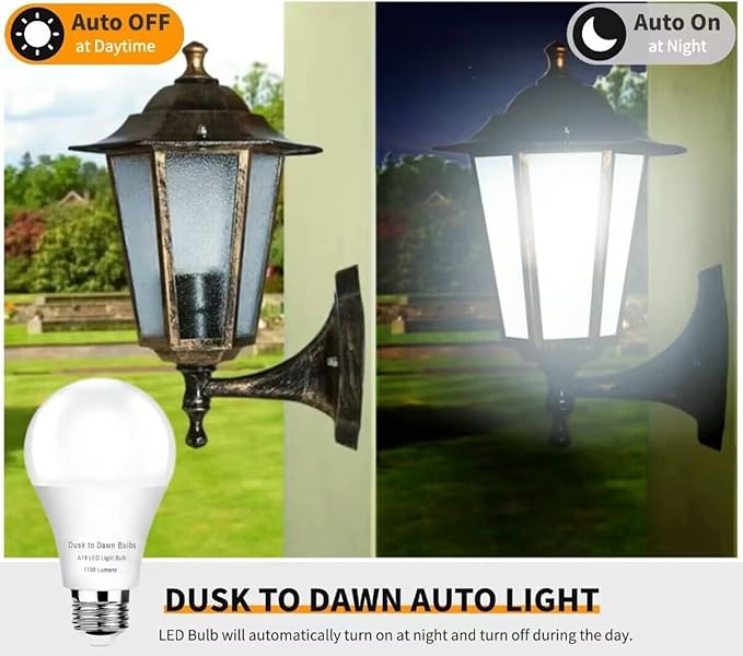 6-Pack Dusk to Dawn LED Outdoor Light Bulb, 10W 5000K Daylight 1100LM, Auto On/Off Light Sensor, E26 Base - Weatherproof for Porch, Yard & Garage