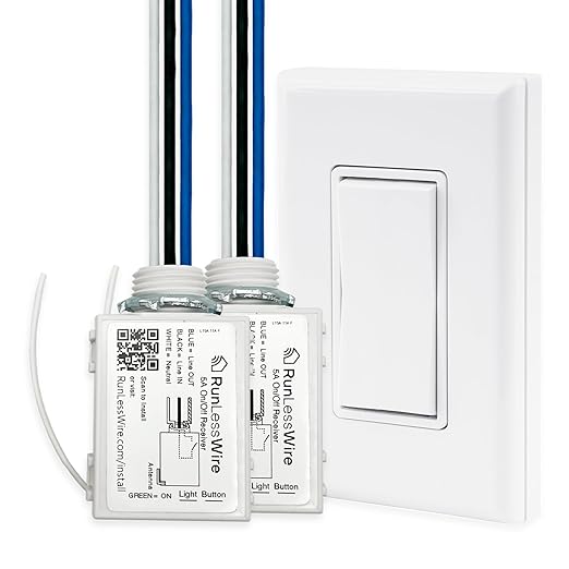 RunLessWire 2 Fixture Battery-Free DIY Kinetic Wireless Light Switch Kit 150ft RF Range for Different Fixtures or Outlets: 1 Remote Switch Controls 2 5A On/Off Receivers Simultaneously White