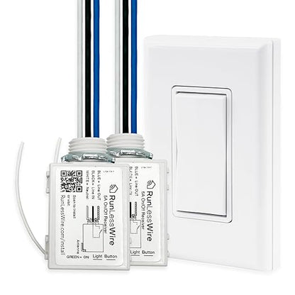 RunLessWire 2 Fixture Battery-Free DIY Kinetic Wireless Light Switch Kit 150ft RF Range for Different Fixtures or Outlets: 1 Remote Switch Controls 2 5A On/Off Receivers Simultaneously White
