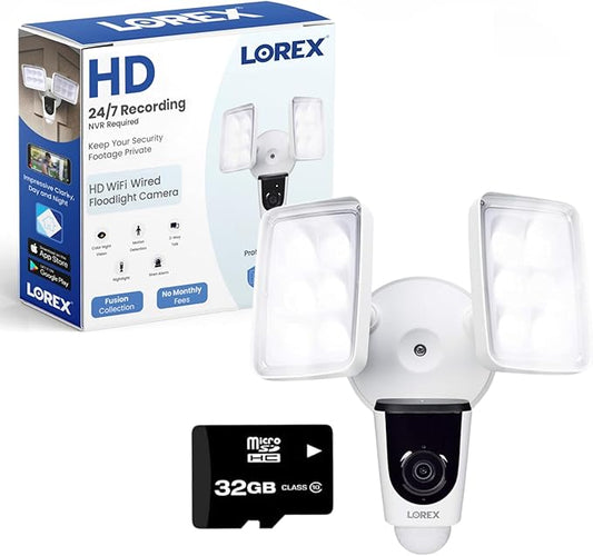 Lorex 1080p Wired White 4000 Lumens Floodlight Camera | 32GB MicroSD Card Included | No Monthly Fee | IR Night Vision | Motion Detection | 2-Way Talk | Siren | IP 65 Weatherproof
