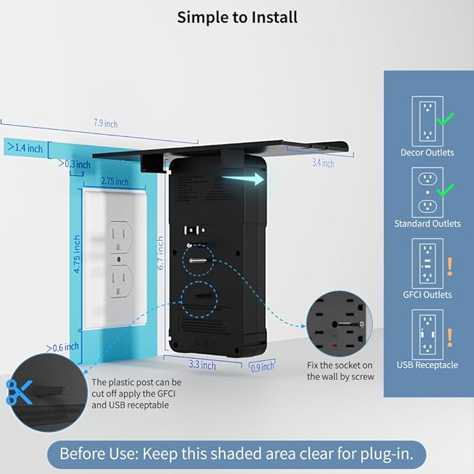 Wall Outlet Extender with Shelf and Night Light, Surge Protector with 3 USB Ports (2A+1C) and 6 AC Outlets, Multi Plug Power Strip Electric Outlet Splitter for Home and Office Use, Black