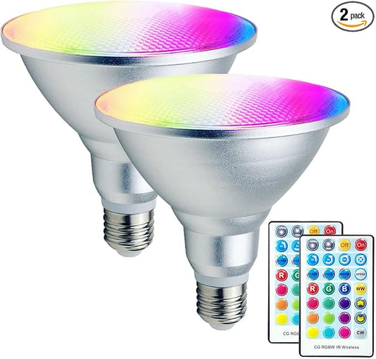 2 Pack,PAR38 RGBW LED Bulbs,30WRGB+Warm+Cool White(2700K-6500K), LED Flood Light,Indoor/Outdoor,IR Remote Control, Timing,Waterproof Lawn Lamp for Home Courtyard Christmas Party Decoration