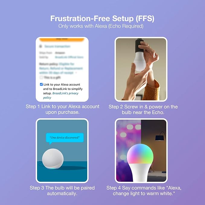 Broadlink Smart Light Bulbs, Frustration-Free Setup (FFS) Works with Alexa Only, BLE Mesh, 9W 800LM Color Changing A19 E26 LED (4-Pack)
