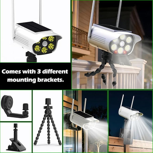 Fake Security Camera Solar Light, Outdoor Dummy Camera Solar Powered Light with 3 Mounts (Magnetic, Clip, Octopus), Easy Install for Eaves, Fence, Wall, Glass & Metal Surfaces