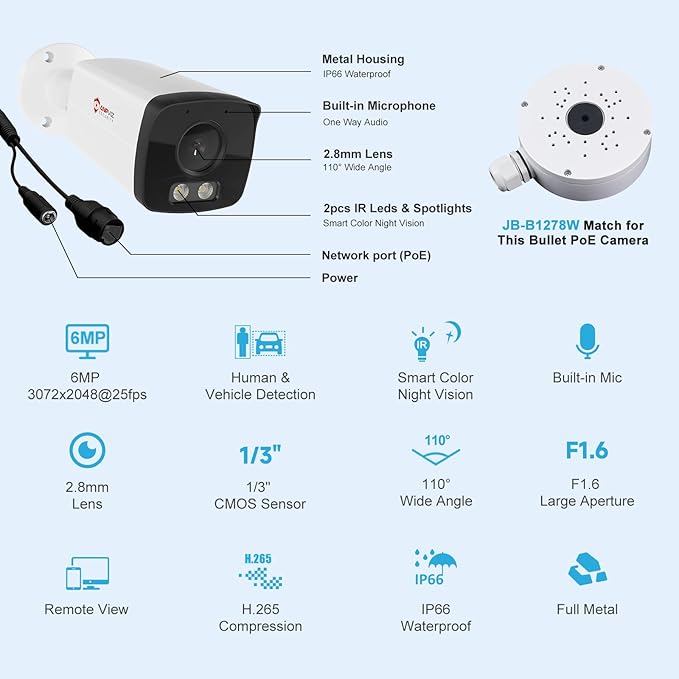 Anpviz 6MP Bullet PoE IP Camera with Smart Dual Light Color Night Vision, Full Metal PoE Security Camera Indoor/Outdoor, AI MD2.0,IP66,Built in Mic,Micro SD Slot,Wired,NDAA, IPC-B8A63WD-S (U Series)