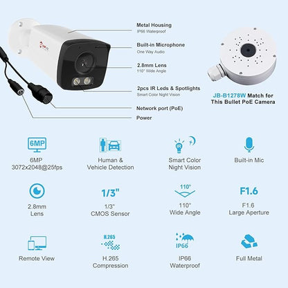 Anpviz 6MP Bullet PoE IP Camera with Smart Dual Light Color Night Vision, Full Metal PoE Security Camera Indoor/Outdoor, AI MD2.0,IP66,Built in Mic,Micro SD Slot,Wired,NDAA, IPC-B8A63WD-S (U Series)