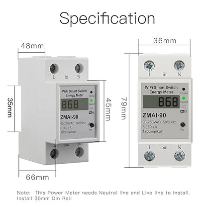 WiFi Smart Energy Monitor Switch Meter, Compatible with Alexa Google Home, Remote Control with Smart Life/Tuya App, Din Rail Tester Current Voltage Amperage Power Meter AC 110-230V 60A Multimeter