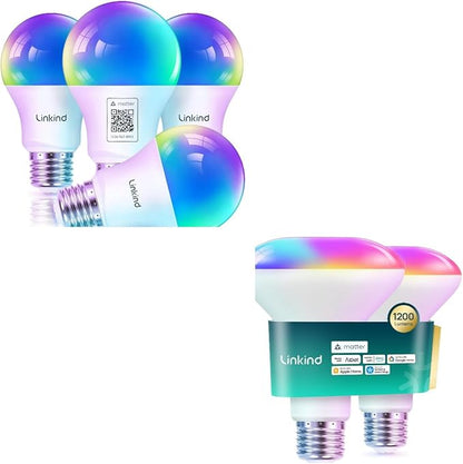 Linkind Matter BR30 Smart Flood Light Bulbs 1200LM 2Pack & Matter Smart Light Bulbs A19 4 Pack Compatible with Apple Home/Siri/Alexa/Google Home/SmartThings