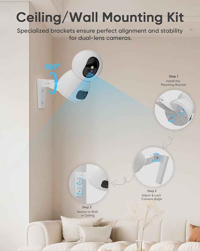 blurams 2K Dual-Lens Indoor Camera, 360° PTZ Pet Camera with Phone App, Split-Screen View, Free Human/Sound Detection, Dual-Band WiFi 6, Compatible with Alexa