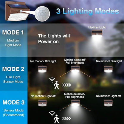 Peasur 6 Packs Solar Outdoor Lights Motion Sensor Solar Security Lights Waterproof with 3 Lighting Modes Solar Powered Wall Lights Outside for Garden Fence Yard Deck, Brown