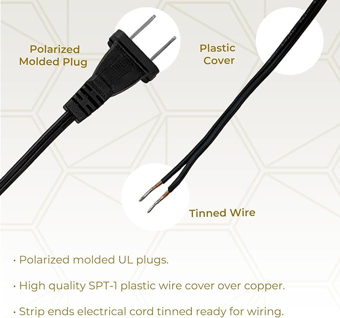 Royal Designs, Inc. 8 Foot Replacement Lamp Cord with Molded Plug and Rotary Dimmer Switch, Stripped Ends Ready for Wiring, SPT-1 Safe for USA, CO-1001D-BLK-8-1, Black