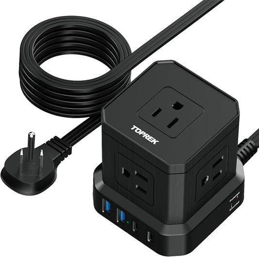 Power Strip Surge Protector (700J), 10 FT Flat Extension Cord with 5 Outlets, 2 USB-C & 2 USB-A, Power Strip with USB for Home, Office, Dorm, Hotel, Travel, Compact Desk Charging Station
