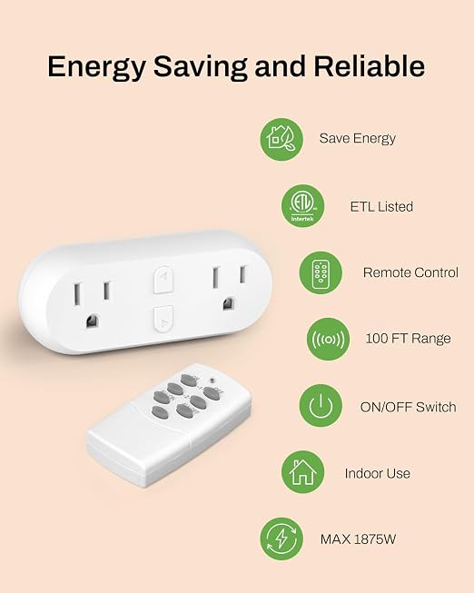 HBN Wireless Remote Control Outlet with 2 Individual Switch Control, Compact Design Sockets Plug Up to 100ft Remote Range, Battery Included, 15A/1875W, ETL Certified
