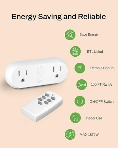HBN Wireless Remote Control Outlet with 2 Individual Switch Control, Compact Design Sockets Plug Up to 100ft Remote Range, Battery Included, 15A/1875W, ETL Certified