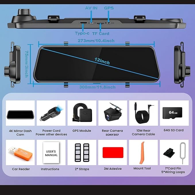 Aprilboy 4K + 2.5K Mirror Dash Cam, 12'' Rearview Mirror Camera for Cars with with IMX415 Sensor, WiFi, Night Vision, Reverse Assist, Parking Monitoring