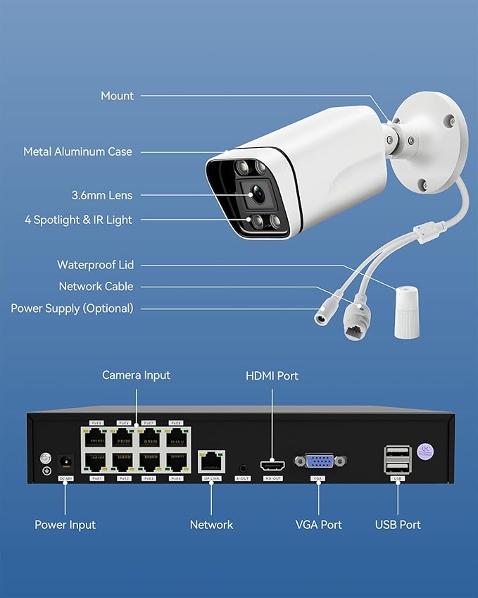 4K Security Camera System 4pcs 8MP Wired PoE Cameras for Home Security Outdoors, 8CH NVR with 1TB HDD for 24/7 Recording, Outside Surveillance System Human/Vehicle Detection Color Night Vision