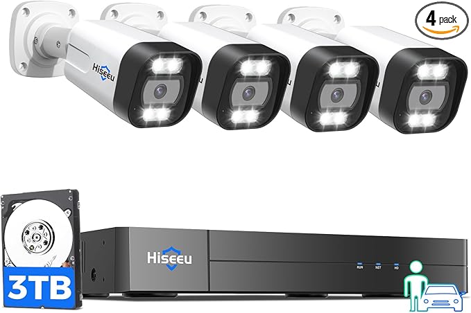 [3TB HDD] Hiseeu 4K PoE Security Camera System, 4 Pcs 5MP PoE IP Security Camera Outdoor Indoor, Human Vehicle Detect, 2 Way Audio, Color Night Vision, IP 66 Waterproof, 0 Monthly Fees, Remote Access