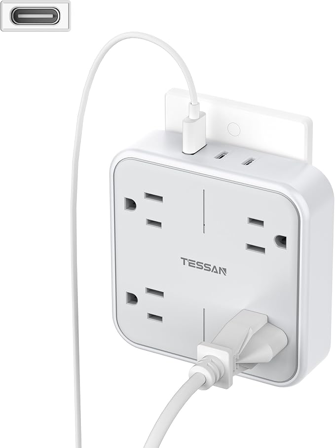 TESSAN Multi Plug Outlet Extender 4 Outlet Splitter | 3 USB Wall Charging Ports (2 USB C), Wide Spaced Multiple Expander Surge Protector for Office, Home, College Dorm Room, Gray