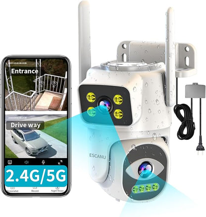 ESCANU Dual Lens Security Camera Outdoor,WiFi Camera for Home Security,Home Survaillance Outdoor,PTZ,2-Way Audio, Auto Tracking,Night Vision,24/7 Continous Record,IP65 Weather Proof
