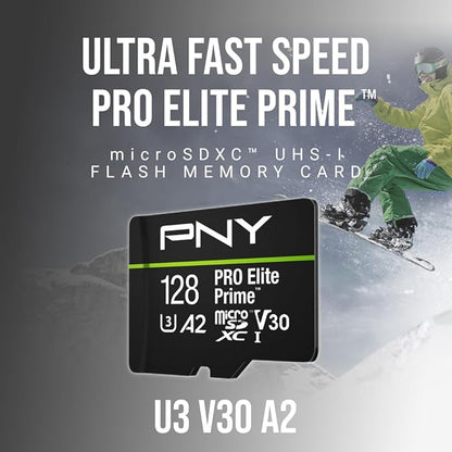PNY 128GB PRO Elite Prime™ C10 U3 V30 A2 microSDXC Flash Memory Card – Ultra-Fast Speeds, Read 200MB/s, Write 150MB/s, 4K UHD, Full HD, UHS-I, for Smartphones, Drones, Action Cameras, 2-Pack
