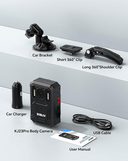 BOBLOV KJ23Pro 4K Body Camera, 128GB Body Camera with Night Vision, 4000mAh Battery for 15 Hours Continuous Recording, IP66 Waterproof Design for Law Enforcement, Security, and Outdoor Work（4K 128GB）