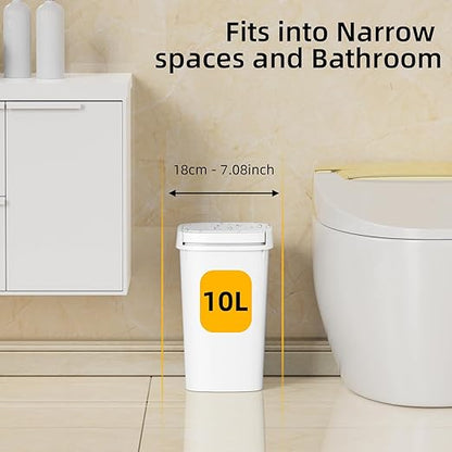 KSSKSS 3 Pack Bathroom Small Trash Can with Lid, 2.6 Gallon Slim Garbage Bin with Pop-Up Lid, 10L Plastic Wastebasket for Bedroom, Office, Kitchen, Toilet (White)