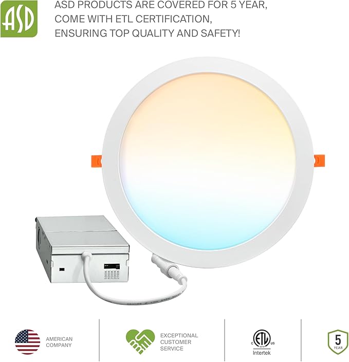 ASD 4 Pack 11/12 Inch LED Recessed Lighting 24W, 5 CCT 2700K-5000K CRI90+, IC Rated Ultra Thin Dimmable Ceiling Lights with J Box, Canless Wafer Downlight, Round Slim Panel Light, UL Listed, White