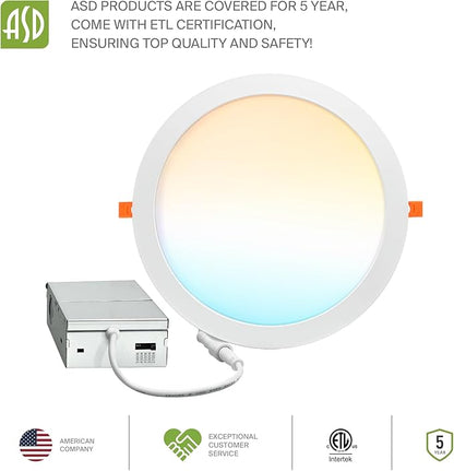 ASD 4 Pack 11/12 Inch LED Recessed Lighting 24W, 5 CCT 2700K-5000K CRI90+, IC Rated Ultra Thin Dimmable Ceiling Lights with J Box, Canless Wafer Downlight, Round Slim Panel Light, UL Listed, White