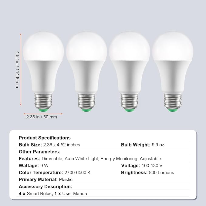 Happybuy Smart Light Bulbs, 4-Pack, 9W, 800 Lumens, Multicolor, Smart Control for Vera, Google, Alexa, iOS, Android, RGB