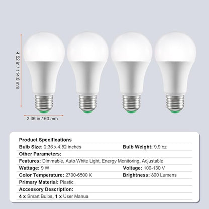Happybuy Smart Light Bulbs, 4-Pack, 9W, 800 Lumens, Multicolor, Smart Control for Vera, Google, Alexa, iOS, Android, RGB