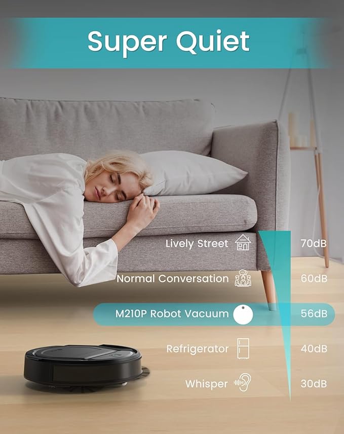 Lefant M210 Robot Vacuum Cleaner, 120-Min Runtime, Compact Design, Powerful Suction, Low Noise, Wi-Fi/App/Voice Control, Self-Charging, Scheduled Cleaning, Ideal for Pet Hair and Hard Floors, Black