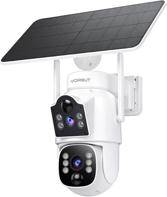 Dual Lens Solar Security Cameras Wireless Outdoor, 4MP 360° Pan/Tilt WiFi Camera with Auto Tracking, Color Night Vision, PIR Alarm, Two-Way Audio, Easy Install for Home Security
