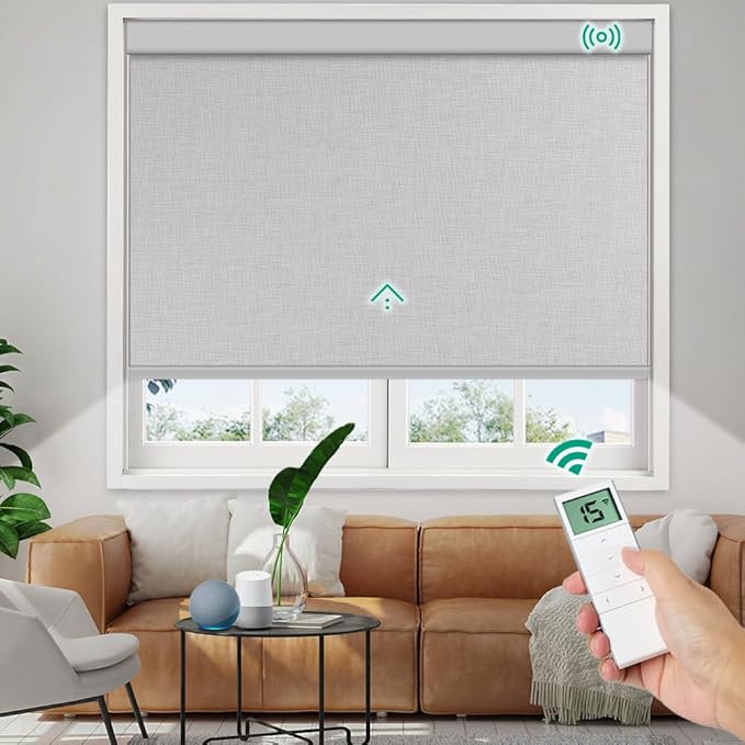 Motorized Roller Shades, 10O% Blackout Remote Control Custom Window Shades Compatible with Alexa Google Assistant via RF Hub, Rechargeable Electric Blinds for Windows (Fabric Light Grey)