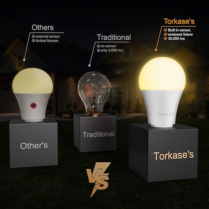Torkase Outdoor Dusk to Dawn Light Bulbs- No Timer Required, 12W(100W Equivalent), 3000K Warm White, E26 A19 Automatic Sensor LED Bulbs, Built-in Photocell Detector for Boundary, Garage, Patio