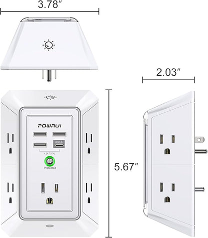 3-Sided Outlet Extender with Night Light - POWRUI Multi Plug Outlet with 5 Outlets and 4 USB Ports(1 USB-C), USB Wall Charger for Home, Office, Travel, ETL Listed, White