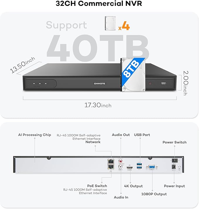 ONWOTE 6K 12MP 32 Channel NVR, Smart ACU Search, 4 SATA Support 40TB, Only Work with ONWOTE 12MP/ 4K 8MP/ 6MP/ 5MP PoE IP Cameras, 32CH Security Recorder Work with PoE Switch (No Hard Drive Included)