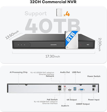 ONWOTE 6K 12MP 32 Channel NVR, Smart ACU Search, 4 SATA Support 40TB, Only Work with ONWOTE 12MP/ 4K 8MP/ 6MP/ 5MP PoE IP Cameras, 32CH Security Recorder Work with PoE Switch (No Hard Drive Included)