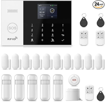 Alarm System for Home Security,24Pcs WiFi+GSM/4G No Monthly Fee Wireless Security System, Phone App Control,Real-Time Alert,Auto Alarm Dial,Compatible with Alexa & Google,No Monthly Fee