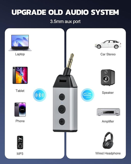 1Mii B04 Bluetooth 5.4 Receiver for Car, 3.5mm Jack AUX Bluetooth Car Adapter, Wireless Audio Receiver for Home Stereo with Volume Control, Hands-Free Clear Call, 16H Battery Life (RX Only)