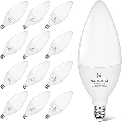 E12 LED Bulb Candelabra Base, Type B LED Bulb 50 Watt Equivalen 2700K Soft Warm White B11 Small Base, Chandelier Ceiling Fan LED Light Bulbs 500 Lumens No-Dimmable Pack of 12
