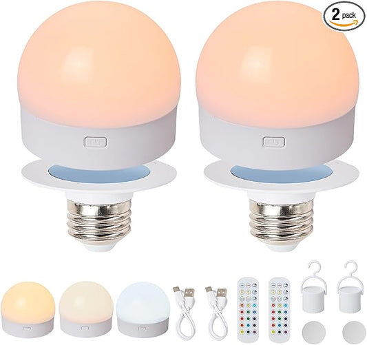 Rechargeable Light Bulb with Remote and Timer Rechargeable Magnetic Bulbs for Sconces and Lamps E26 Battery Light Bulb 3 Color Temperatures,15 RGB Colors,2 Pack