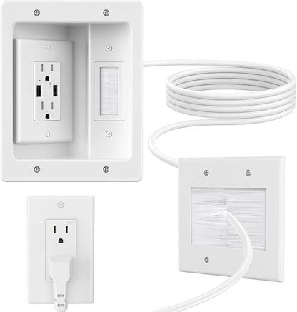 in Wall Cable Management Kit with Brush Wall Plate,AC Outlets & USB-a Ports,9ft Cord,Hide Cords Recessed Wall Outlet for TV Cable Management,HDMI Cables and Home Theater Systems
