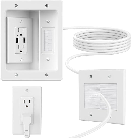 in Wall Cable Management Kit with Brush Wall Plate,AC Outlets & USB-a Ports,9ft Cord,Hide Cords Recessed Wall Outlet for TV Cable Management,HDMI Cables and Home Theater Systems