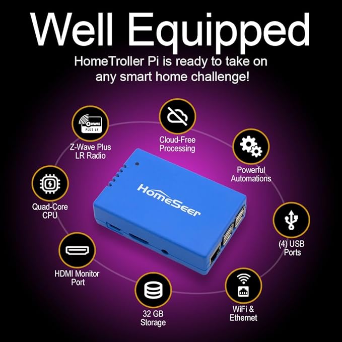 HomeSeer Smart Home Hub (HomeTroller Pi G8), Locally Managed Automations, Built-In 800 Series Z-Wave Long Range Radio, Compatible with Thousands of Smart Home Products