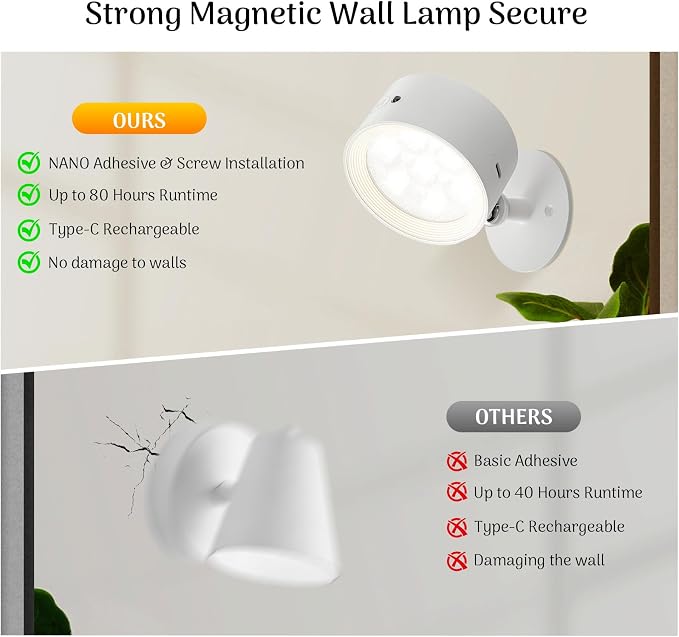 Rechargeable Wall Sconce 2 Pack, Remote & Touch Control, Dimmable | 3 Color Temps, Wireless LED Wall Lights, Magnetic Reading Light, 360° Rotating Wall Lamps for Bedroom Bedside, Living Room