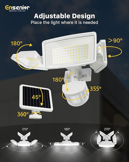 Ensenior Solar Security Lights, Wide Beam Flood Light 6500K Super Bright for Driveway Backyard Garden, Remote Control Motion Lights, Weather-Resistant Exterior Lighting, 1800LM Lumen, White, 2-Pack