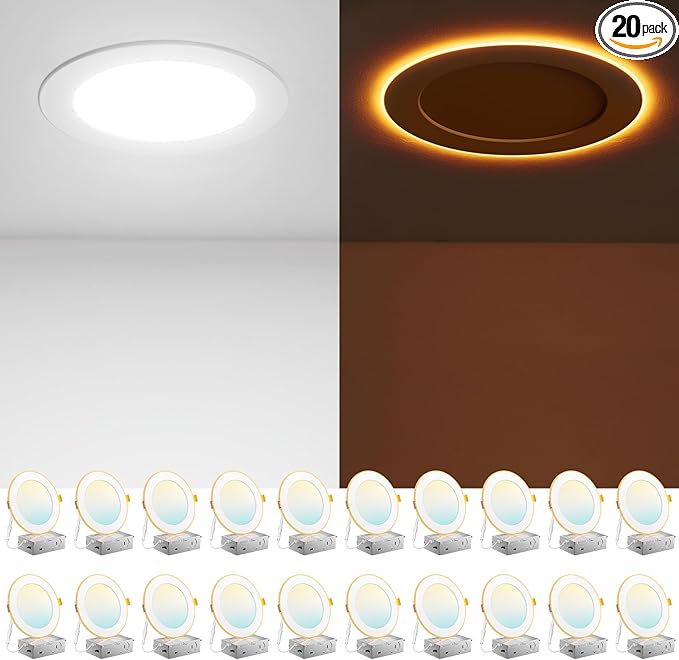 Amico 20 Pack 6 Inch 5CCT LED Recessed Ceiling Light with Night Light, 2700K/3000K/3500K/4000K/5000K Selectable Ultra-Thin Recessed Lighting, 12W=110W, 1100LM, Dimmable Canless Wafer Downlight ETL&FCC
