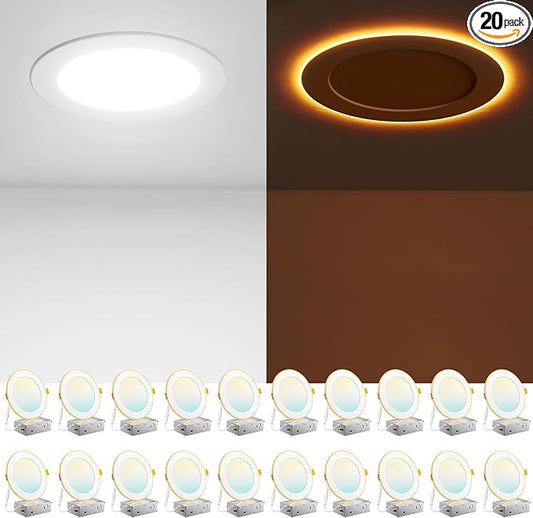 Amico 20 Pack 6 Inch 5CCT LED Recessed Ceiling Light with Night Light, 2700K/3000K/3500K/4000K/5000K Selectable Ultra-Thin Recessed Lighting, 12W=110W, 1100LM, Dimmable Canless Wafer Downlight ETL&FCC