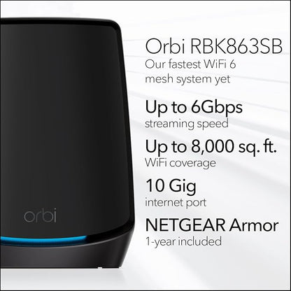 NETGEAR Orbi Tri-Band WiFi 6 Mesh System (RBK863SB) – Router + 2 Satellite Extenders - Security Features - Covers up to 8,000 sq. ft., 100 Devices - 10 Gig Internet Port - AX6000 (up to 6Gbps) - Black